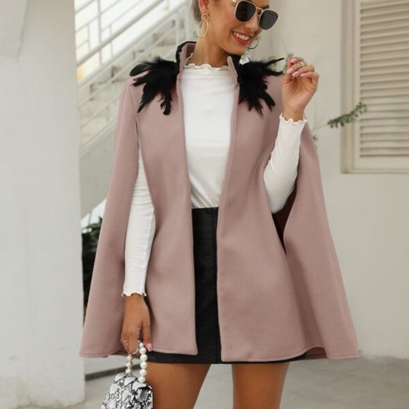 Boho black Feather Trim Cape Jacket Open Front - Picture 2 of 6